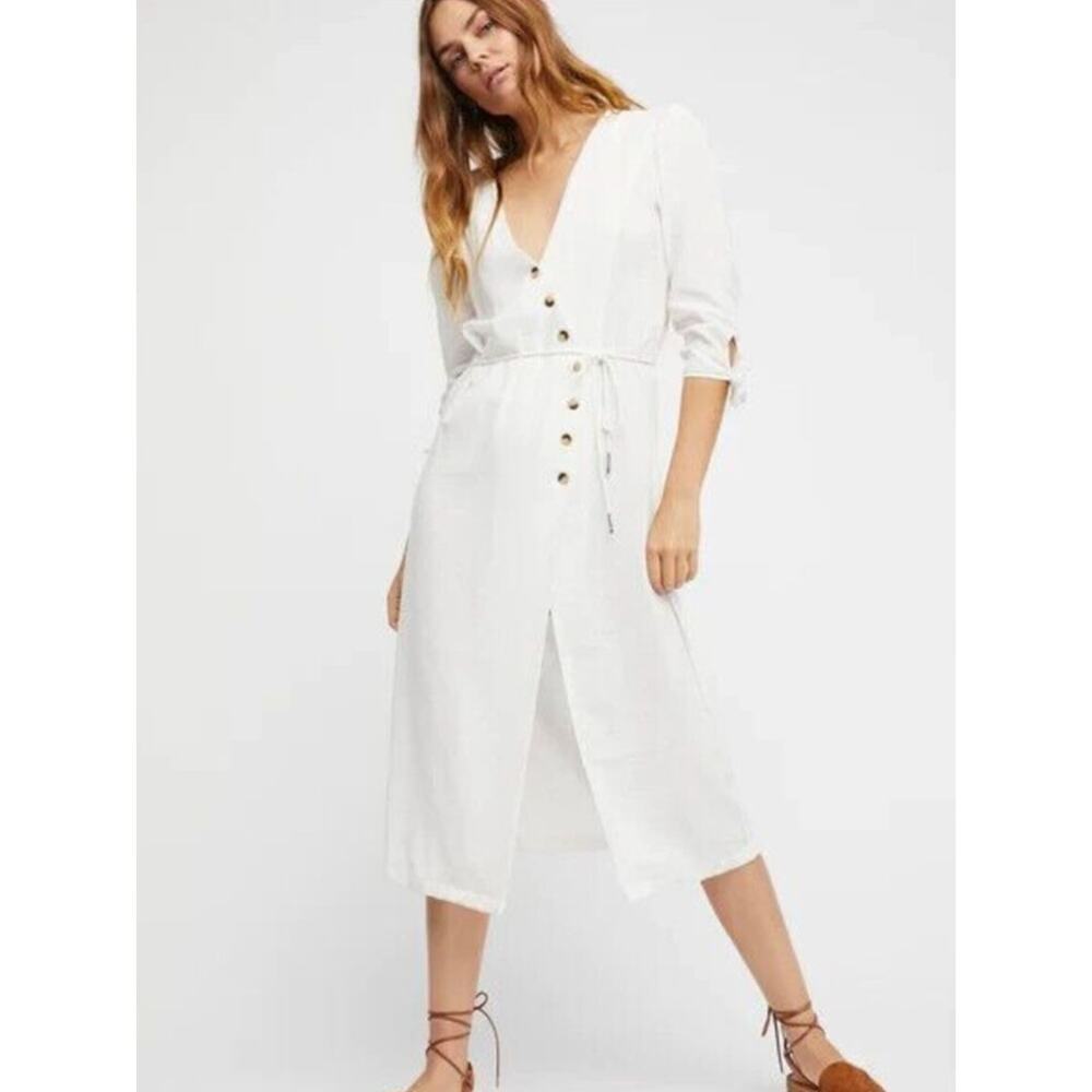 Free People Dress Zapora Women's Lg White Summer Gauze Button Up Waist Tie